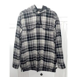 LL Bean Shacket Men's Medium Flannel Plaid Fleece Gray Thermal Hooded 298193🔥